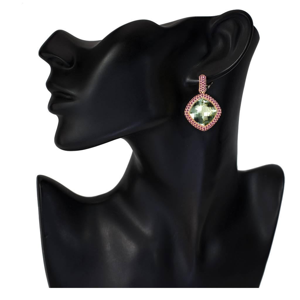 Women's Green Amethyst Garnet Rose Gold Drop Earrings One of a Kind