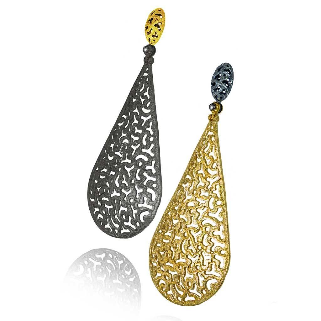 Perfect for any occasion and casual wear, Alex Soldier's Festive Drop Earrings are spectacular embodiment of versatility and free spirit. Made in silver, infused (deeply plated) with 24 karat yellow gold and dark platinum (rhodium), these lovely