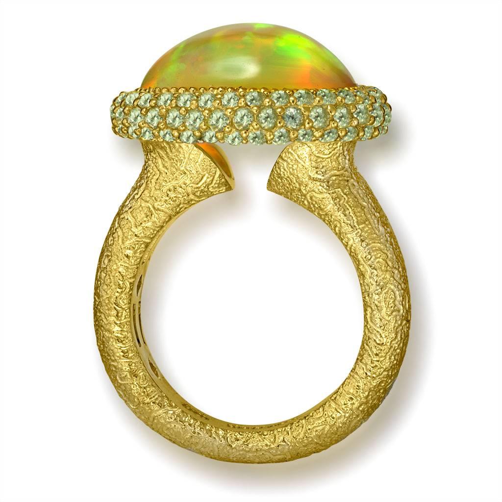 Oval Cut Opal Peridot Yellow Gold Textured Cocktail Ring One of a Kind