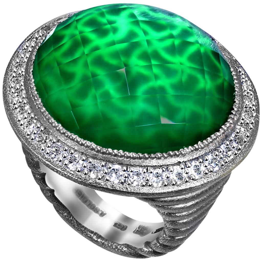 Alex Soldier Green Agate, White Quartz Doublet with White Topaz Symbolica Ring in Oxidized Silver by Alex Soldier. Inspired by the grandeur of antiquity, the Symbolica collection is enriched with meaning. The hand-carved gallery that reveals itself