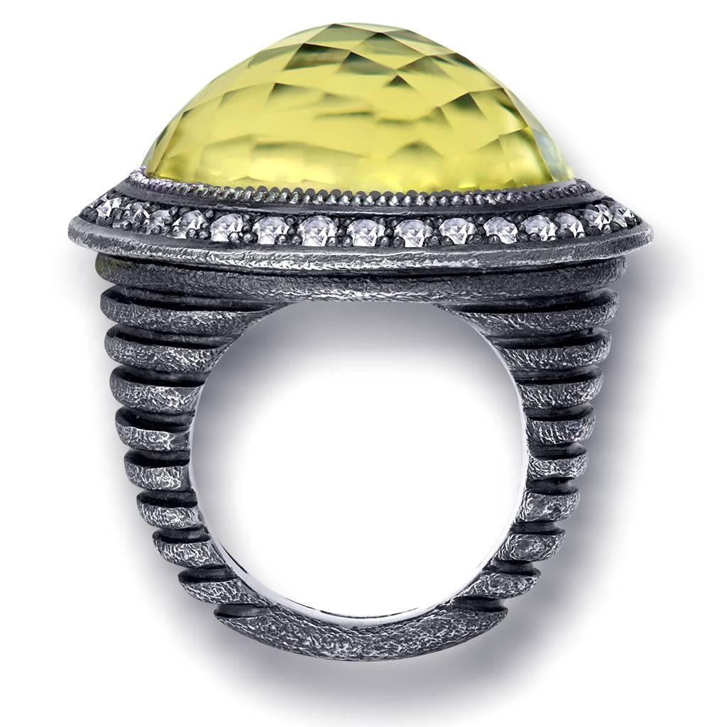 Round Cut Diamond Lemon Citrine Sterling Silver Oxidized Cocktail Ring One of a Kind