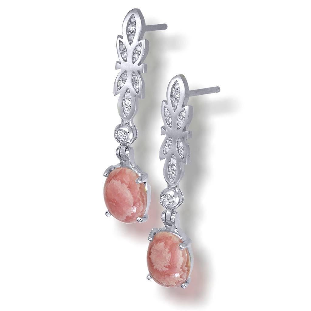 Alex Soldier Teardrop Earrings are made in 18 karat white gold with rhodochrosite (4 ct.) and white diamonds (0.2 ct.). Handmade in NYC. One of a kind.