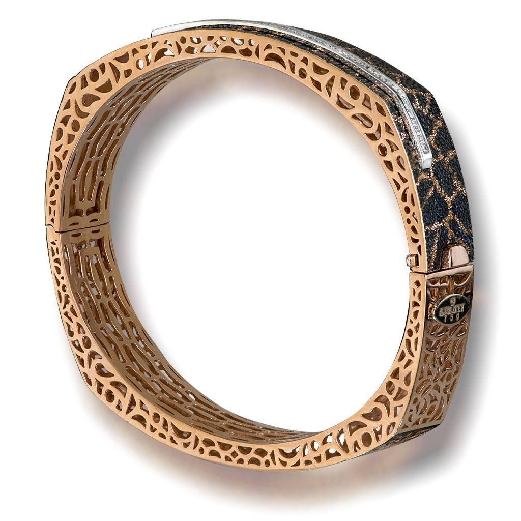 Alex Soldier Diamond Rose Gold Textured Cora Bracelet: 18 karat rose gold with diamonds (0.23 ct) and signature metalwork. Handmade in NYC. One of a kind. 