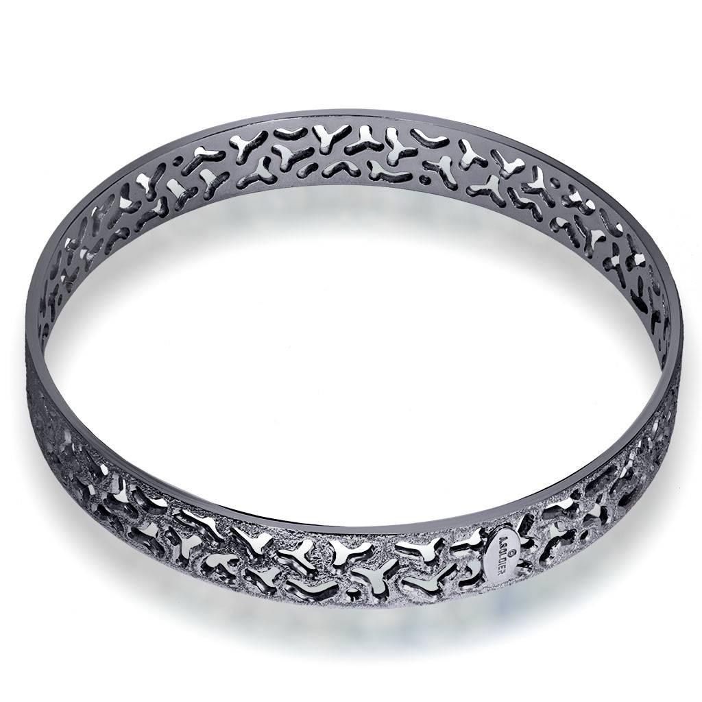Alex Soldier Textured Bangle Bracelet: made in silver with dark platinum (rhodium) infusion (deep plating) and signature metalwork that creates an illusion of a diamond inlay. Special open work technique makes this stunning bangle practically