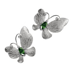 Tourmaline Sterling Silver Platinum Textured Butterfly Stud Earrings One of Kind