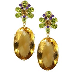 Citrine Peridot Amethyst Diamond Gold Drop Earrings One of a Kind