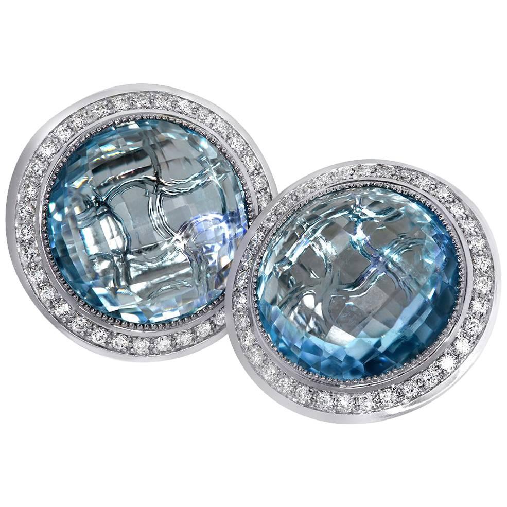 Blue Topaz Diamond Gold Stud Earrings Cufflinks One of a Kind