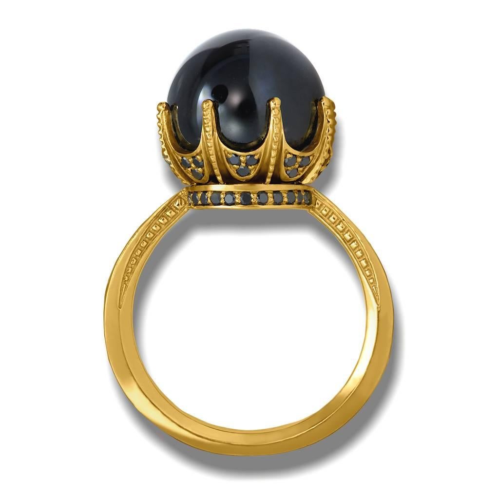 Round Cut Onyx Diamond Gold Crown Ring One of a Kind