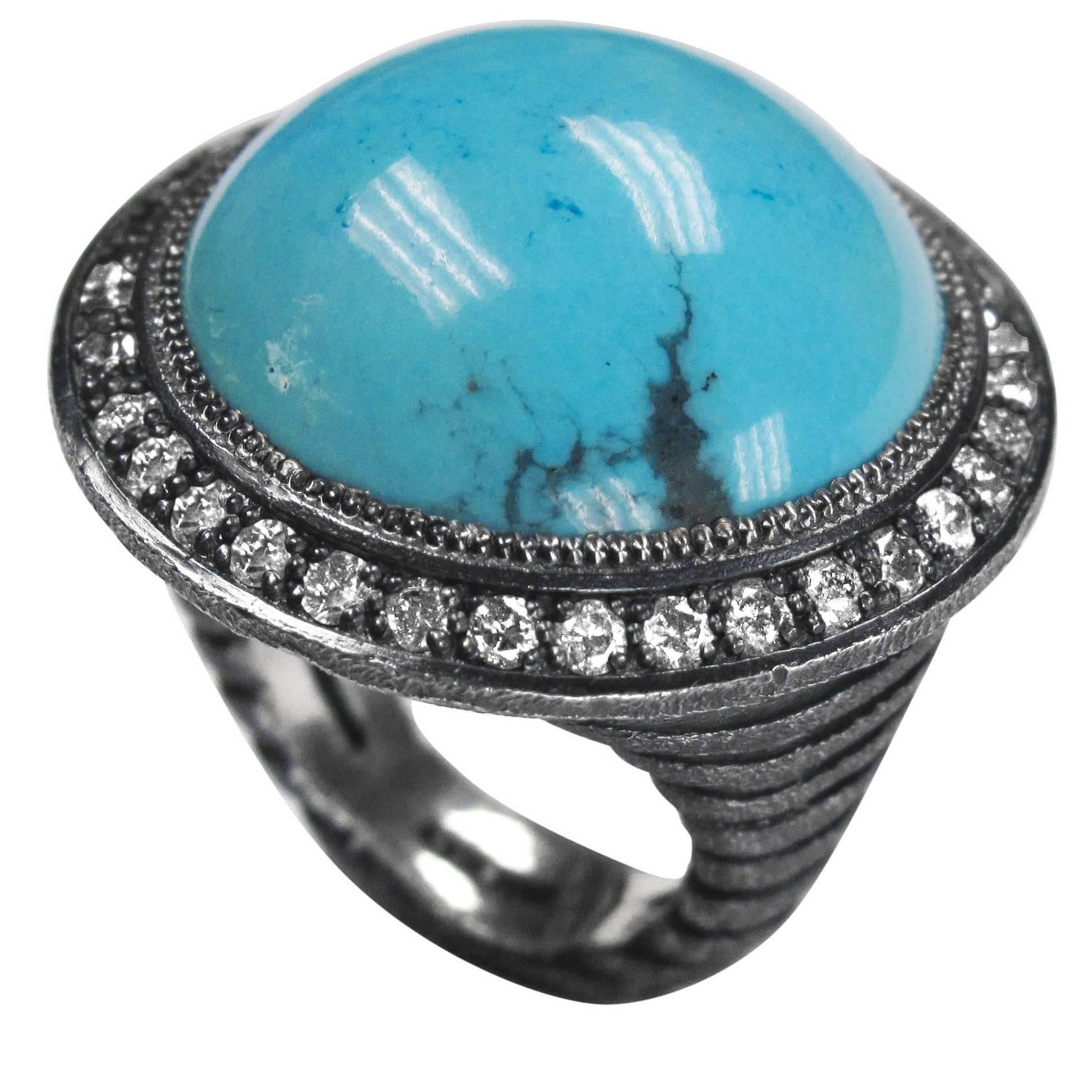 Turquoise Cabochon Diamond Oxidized Sterling Silver Textured Ring One of a Kind