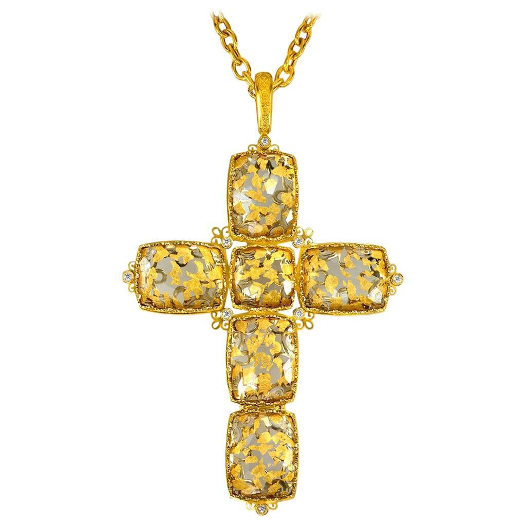 Alex Soldier Gold Cross Diamond Quartz Doublet Necklace Pendant One of a Kind