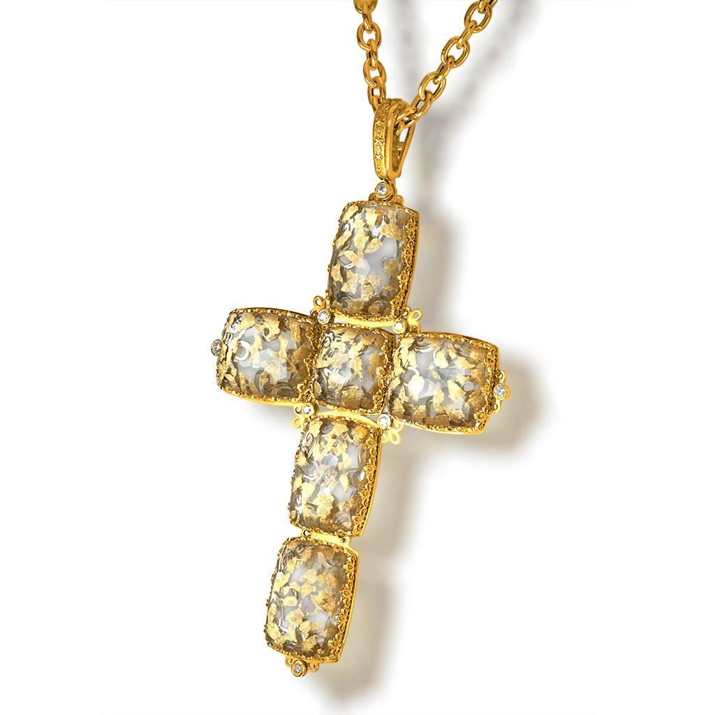 Alex Soldier's Cross collection is a tribute to faith, love and beauty. The design of the cross resembles a fragment of a church or an old icon from a long bygone era that features 24 karat infused white quartz. The entire composition consists of