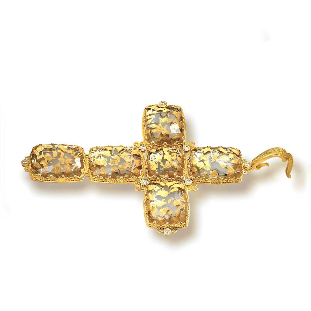 Alex Soldier Gold Cross Diamond Quartz Doublet Necklace Pendant One of a Kind In New Condition In New York, NY