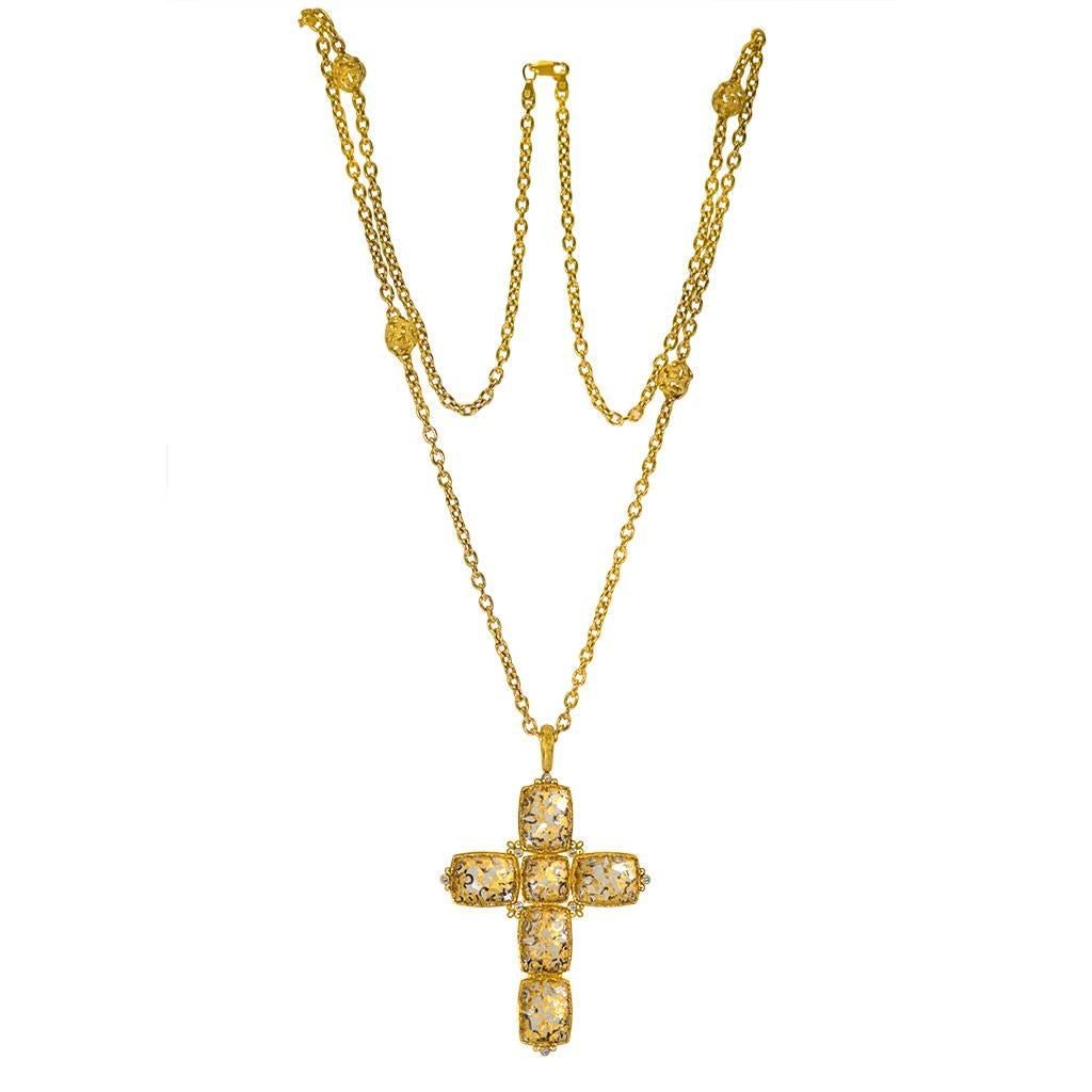 Women's or Men's Alex Soldier Gold Cross Diamond Quartz Doublet Necklace Pendant One of a Kind