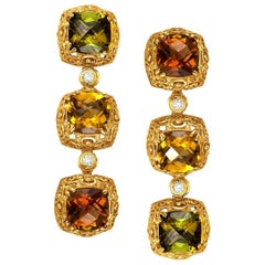Tourmaline Diamond Gold Byzantine Drop Earrings One of a Kind