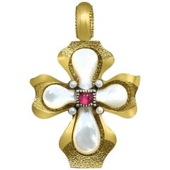 Ruby Pearl Sterling Silver Gold Cross Pendant Necklace Enhancer One of a Kind