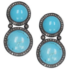 Alex Soldier Cabochon Turquoise Diamond Oxidized Sterling Silver Drop Earrings