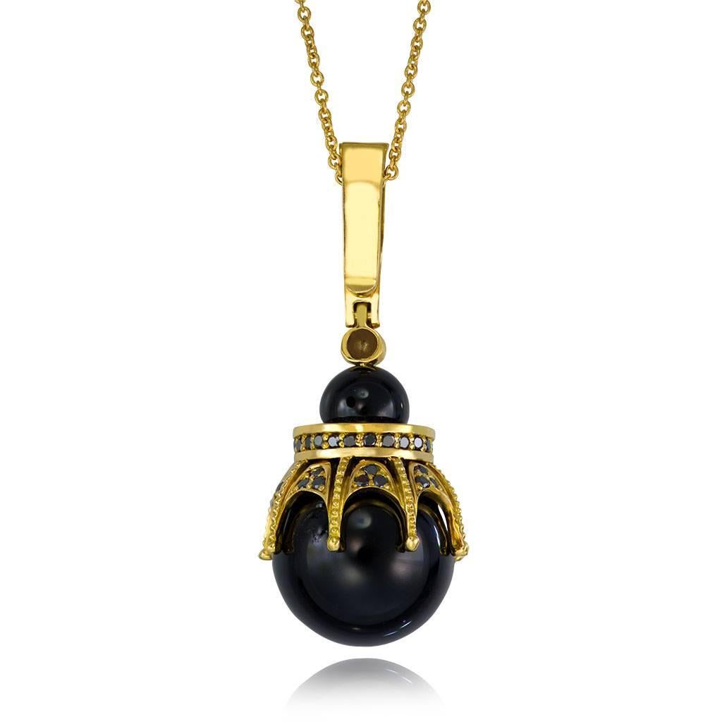 Round Cut Alex Soldier Diamond Onyx Gold Crown Pendant Necklace on Chain One of a Kind