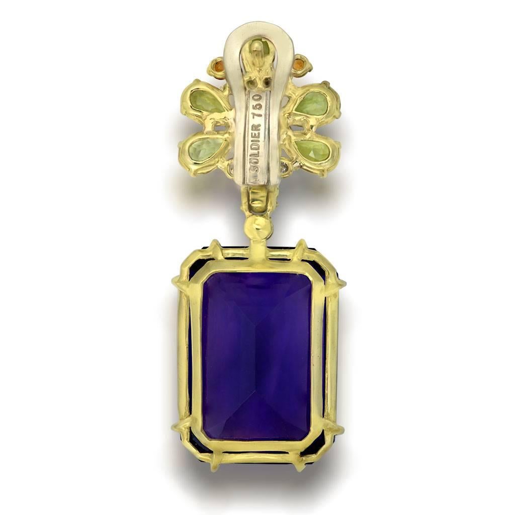 Alex Soldier Amethyst Peridot Garnet Diamond Gold Drop Earrings One of a Kind In New Condition In New York, NY
