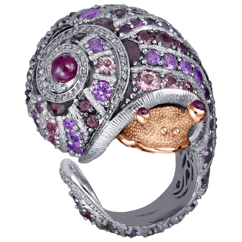 Round Cut Alex Soldier Sapphire Tourmaline Diamond Topaz Ruby Snail Ring One of a Kind For Sale