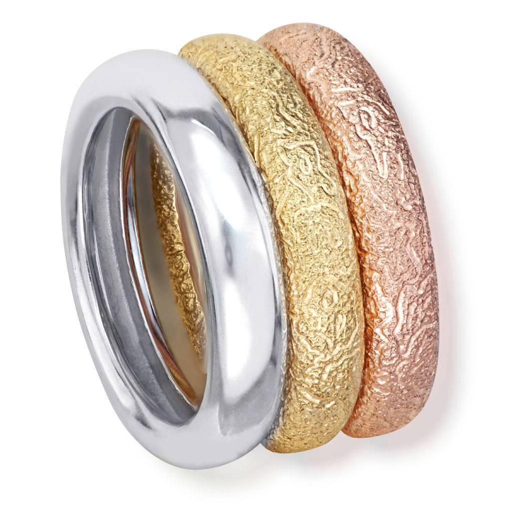 Alex Soldier Three-Band Stackable Multi Gold Textured Rings One of a Kind In New Condition For Sale In New York, NY