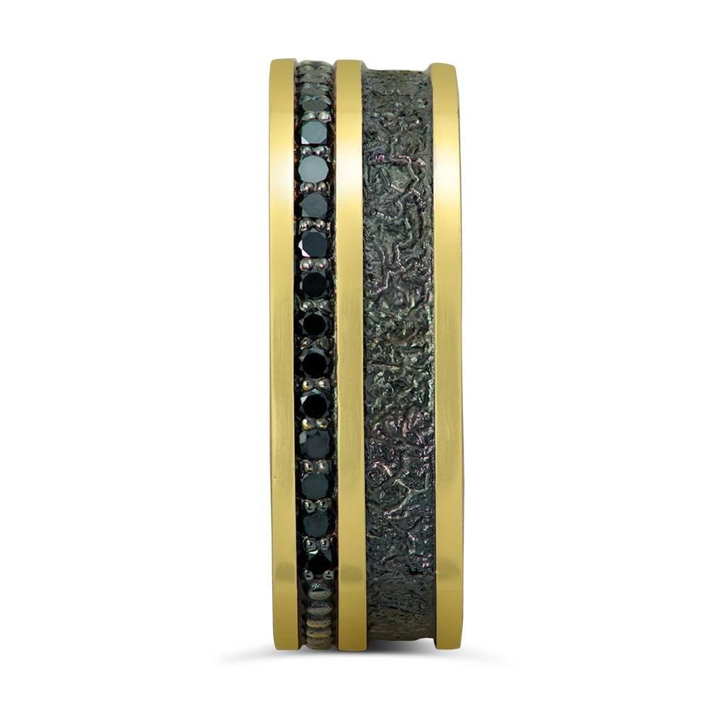 Alex Soldier's Black Diamonds Men's Ring Band in 18 karat yellow gold and signature metalwork. Handmade in NYC. One of a kind. Ring size: 10. Complimentary ring sizing is available within 2 business days. 