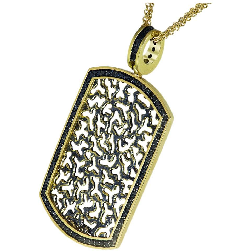 Alex Soldier Tag Necklace: made in 18 karat yellow gold with black diamonds (0.5 ct) and signature metalwork suspended on 18-inch multi-strand 18 karat gold chain. Handmade in NYC. One of a kind.  