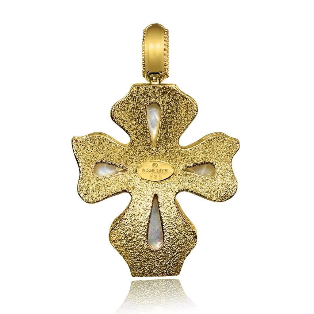 Alex Soldier Ruby Pearl Sterling Silver Gold Cross Pendant Necklace Enhancer In New Condition In New York, NY