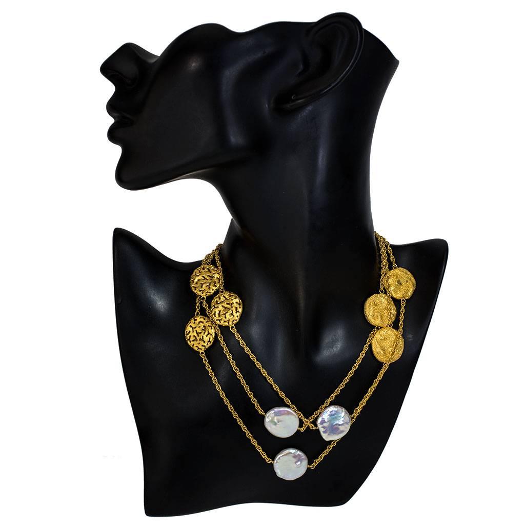 Alex Soldier Moneta Necklace: made in silver, infused with 24 karat yellow gold (deep plating) with 6 Freshwater pearls (21.5 mm diameter each) and signature proprietary metalwork that creates an illusion of a diamond inlay. This stunning necklace