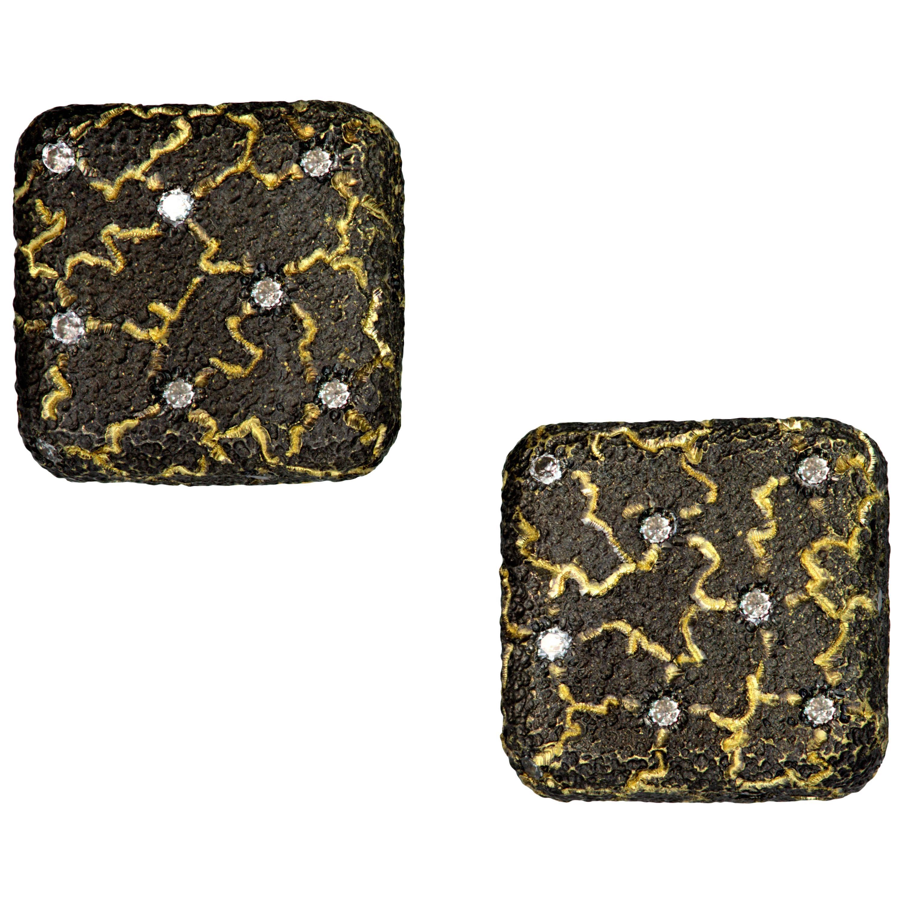 Alex Soldier Diamond Lava stud earrings: made in 18 karat yellow gold with diamonds (0.12 ct) and signature metalwork that creates an illusion of inner shimmer. Handmade in NYC. Limited Edition. Complimentary conversion to cufflinks is available