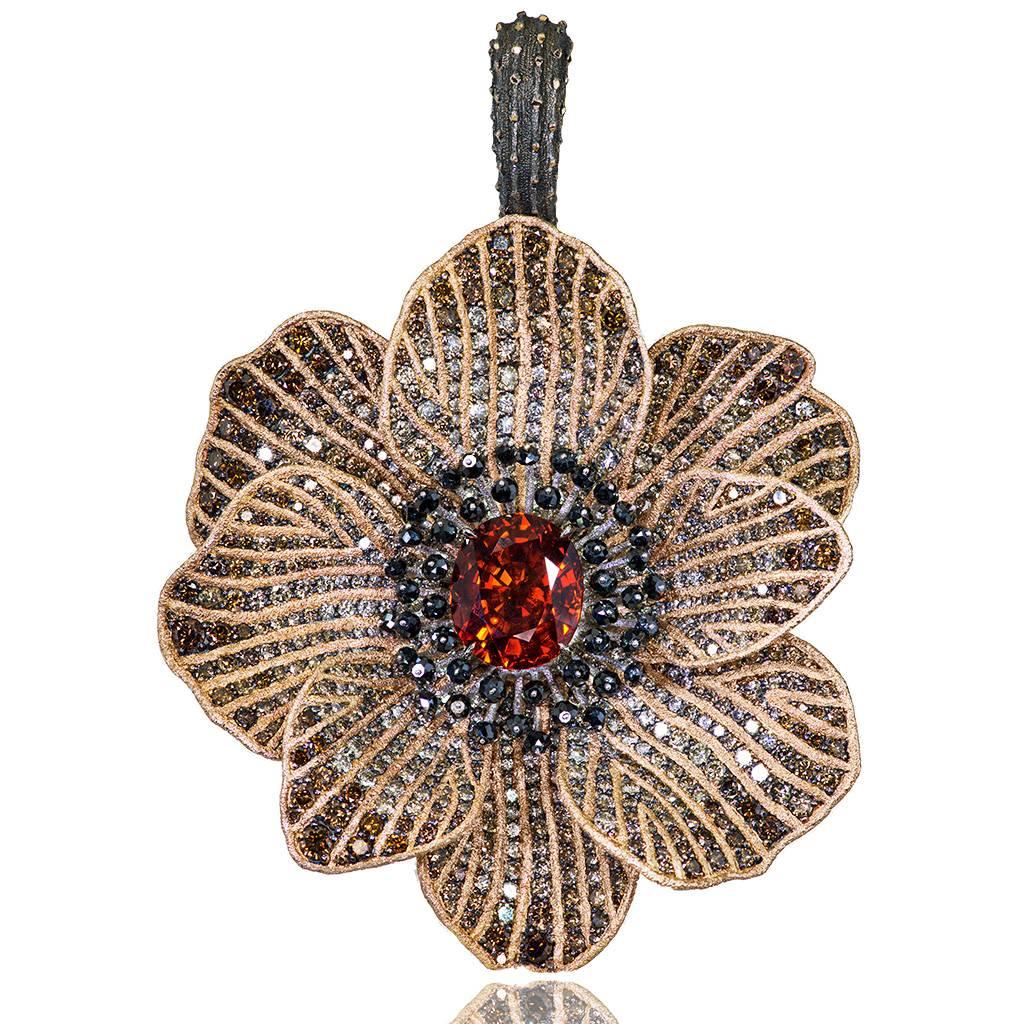 Mandarin Garnet Diamond Rose Gold Coronaria Ring Necklace Cuff Bracelet Brooch In New Condition In New York, NY