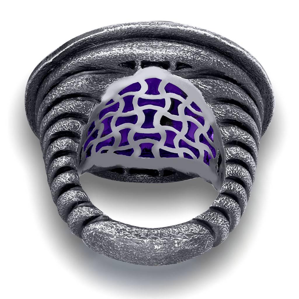 Women's or Men's Cabochon Japanese Amethyst Topaz Quartz Oxidized Sterling Silver Ring