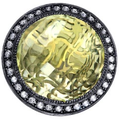 Lemon Quartz Diamond Sterling Silver Oxidized Cocktail Ring
