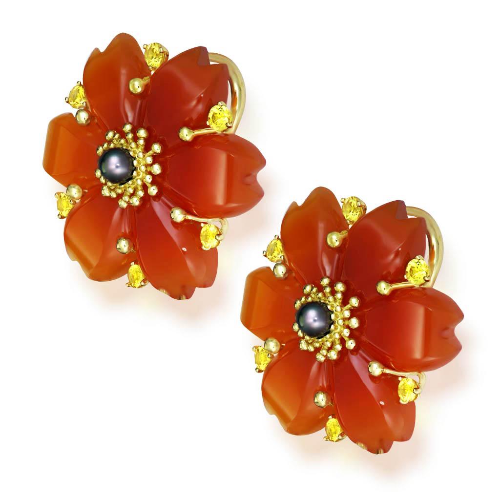 Women's or Men's Hand-Carved Carnelian Rutilated Quartz Sapphire Pearl Gold Convertible Earrings