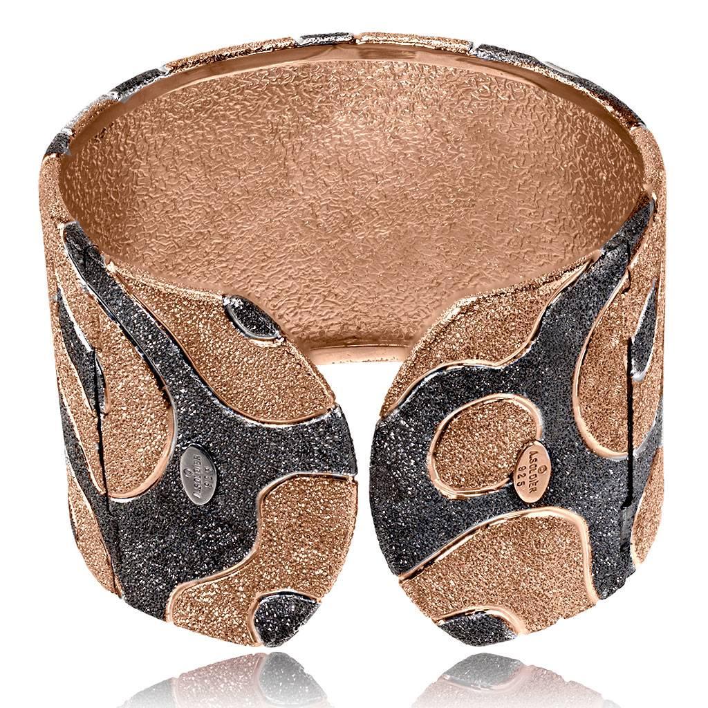 Sterling Silver Rose Gold Rhodium Textured Hinged Cuff Bracelet In New Condition In New York, NY