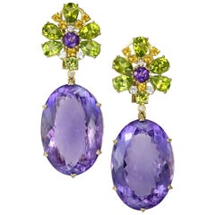 Alex Soldier Amethyst Peridot Sapphire Diamond Gold Drop Earrings One of a Kind