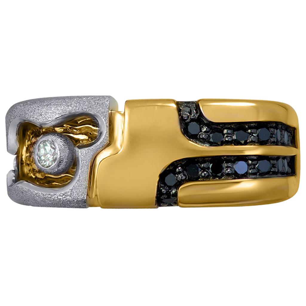 Alex Soldier Hidden Realms Men's Ring in 18 karat yellow and white gold with black and white diamonds. Total carat weight: 0.43 ct. Ring size: 10. One of a kind. Handmade in NYC. Complimentary ring sizing is available within 2 business days. 