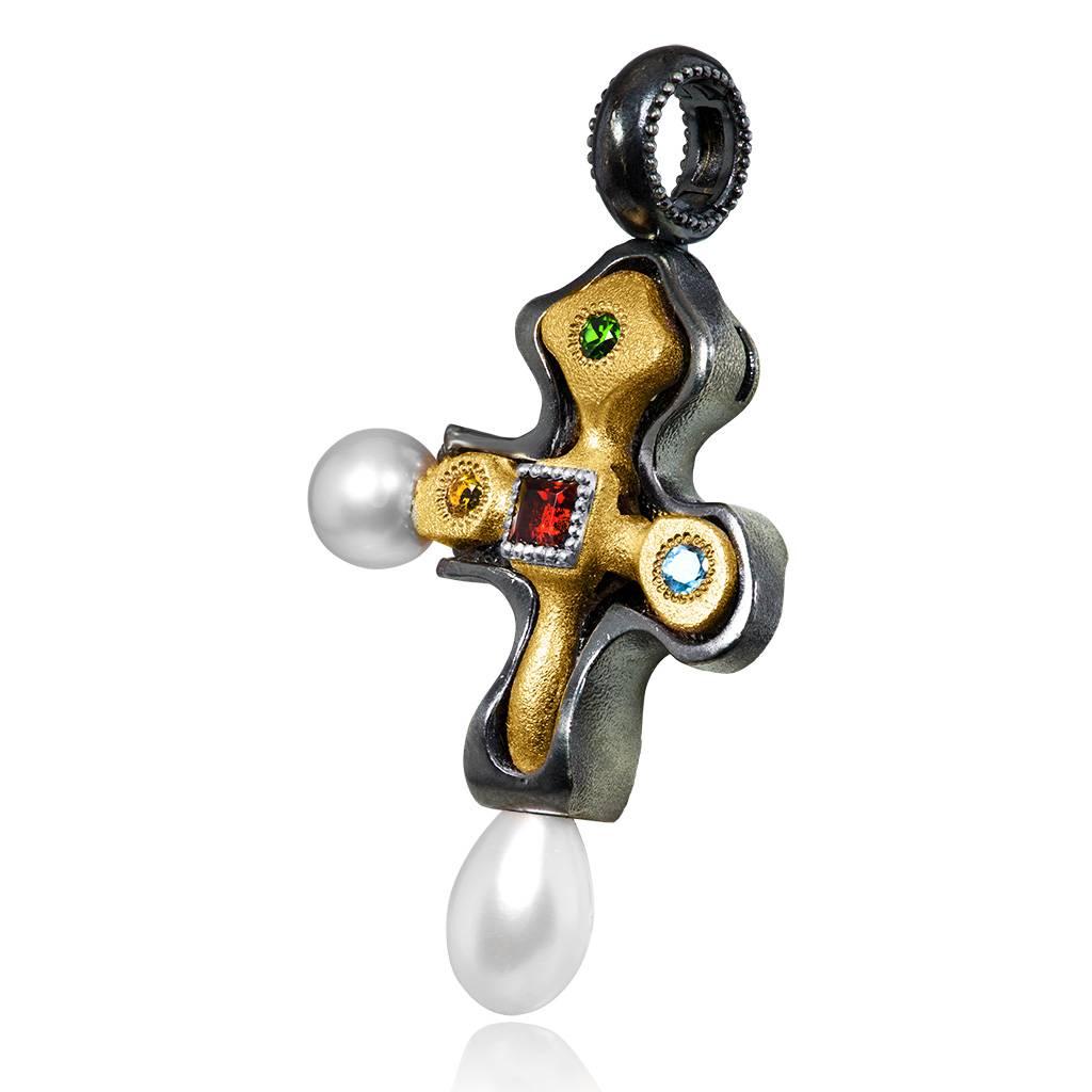 Alex Soldier Cross: made in silver with 24 karat yellow gold and rhodium infusion (deep plating) with garnet (0.5), Topaz (0.11 ct), Citrine (0.13 ct) and Freshwater pearls. Handmade in NYC, it features open bail that can easily be snapped on a