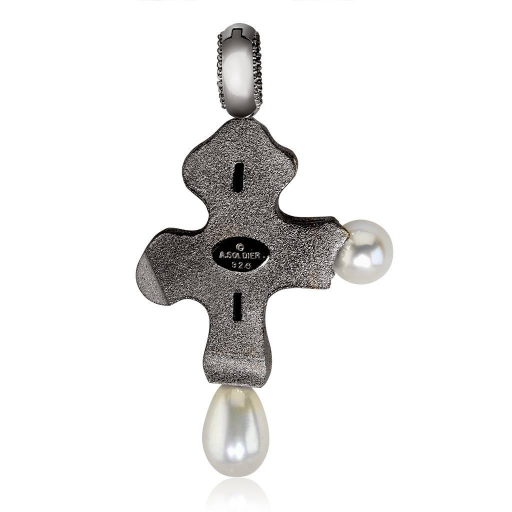 Garnet Tourmaline Topaz Citrine Pearl Silver Gold Platinum Cross Pendant In New Condition For Sale In New York, NY