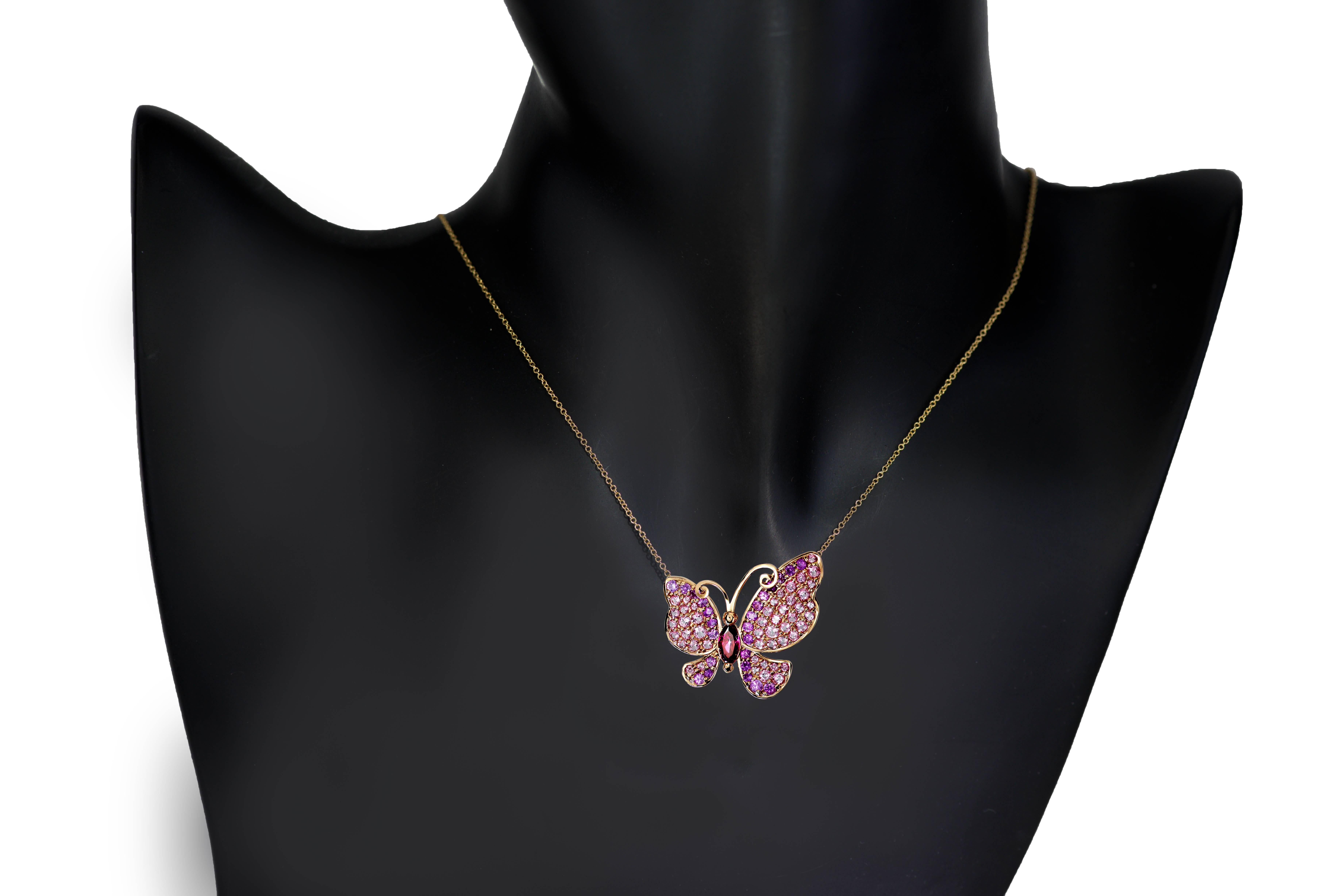 Alex Soldier's Butterfly collection is dedicated to celebration of life. Butterflies remind us to enjoy the moment and embrace change. This lovely butterfly pin is made in 18 karat rose gold with 3.1 carats of pink topaz and 1.5 carats of pink