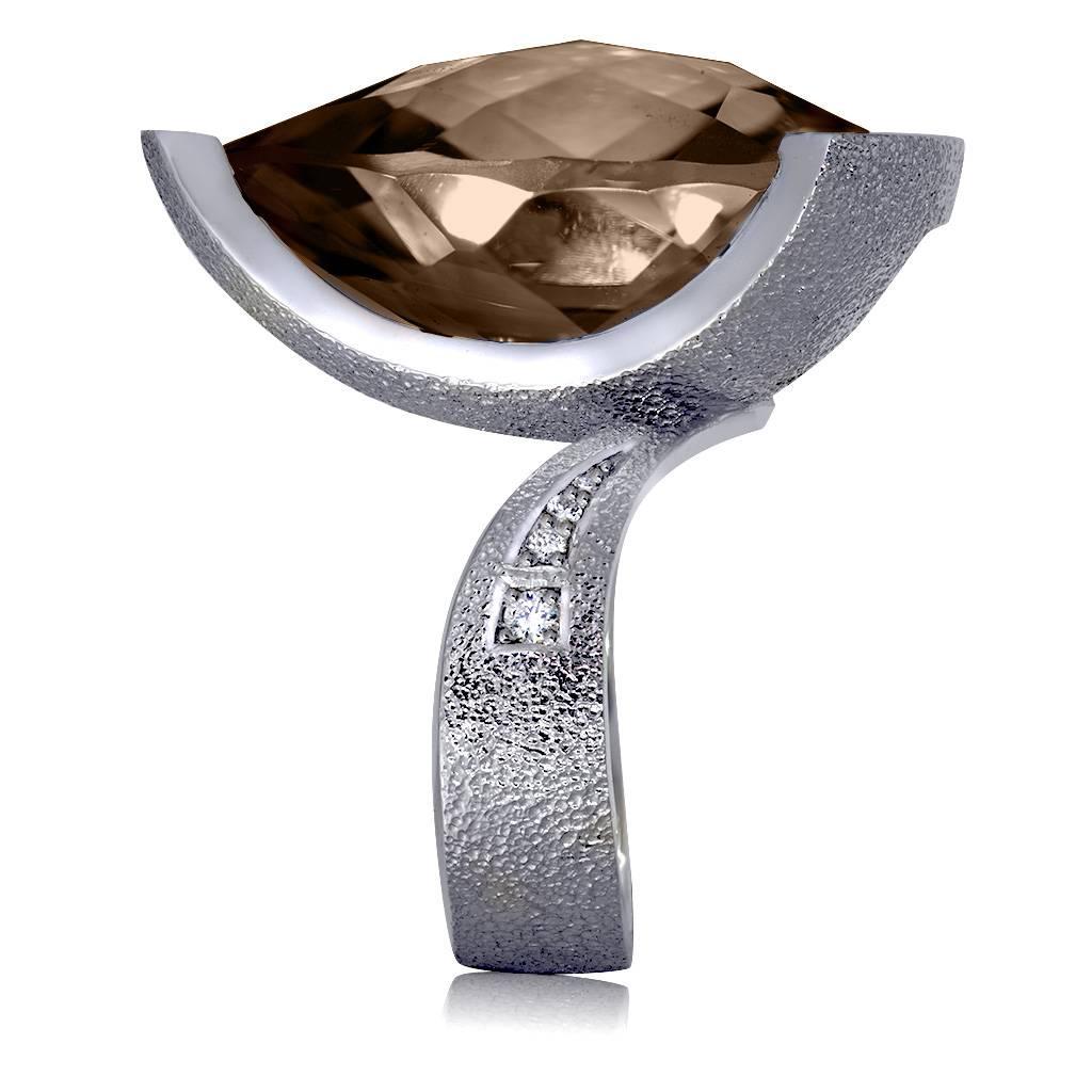 Women's or Men's Alex Soldier Diamond Smoky Quartz White Gold Textured Swan Ring