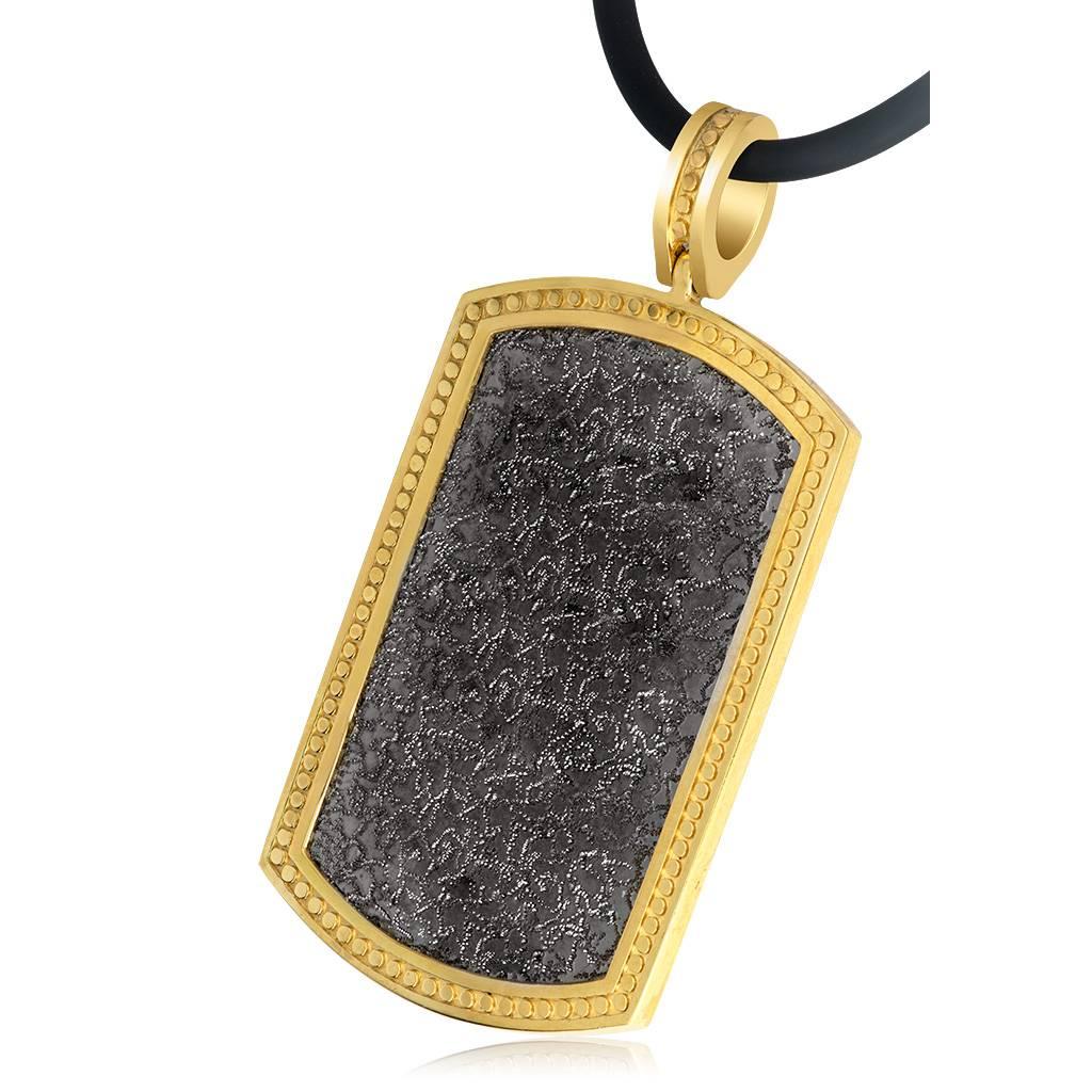 Alex Soldier Tag Necklace Pendant is made in sterling silver, infused (deeply plated) with 24 karat yellow gold and dark platinum (rhodium). Suspended on 18-inch rubber cord, it features signature metalwork that creates an effect of inner sparkle.  