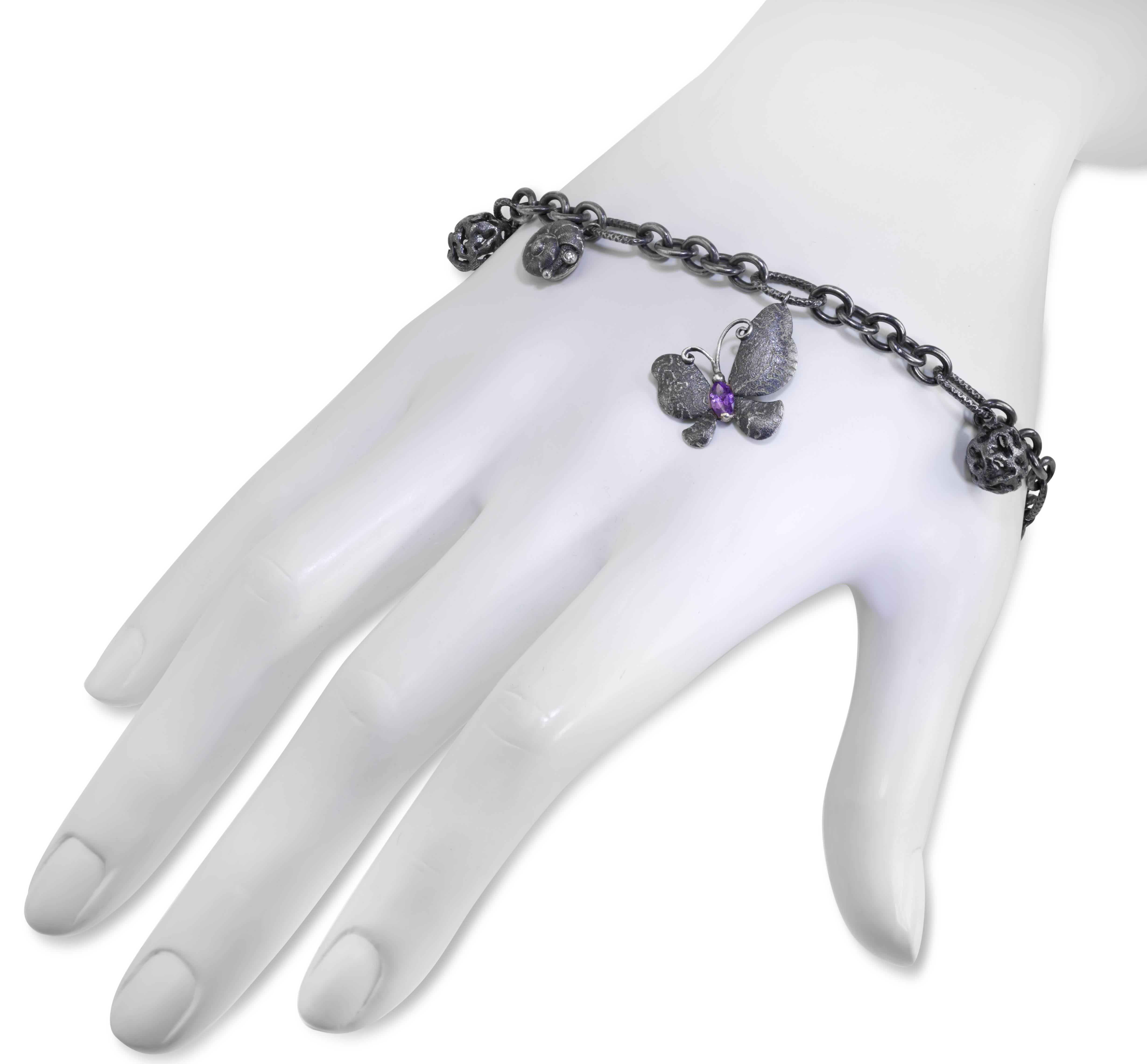 Peridot Amethyst Diamond Sterling Silver Butterfly Snail Charm Bracelet In New Condition In New York, NY