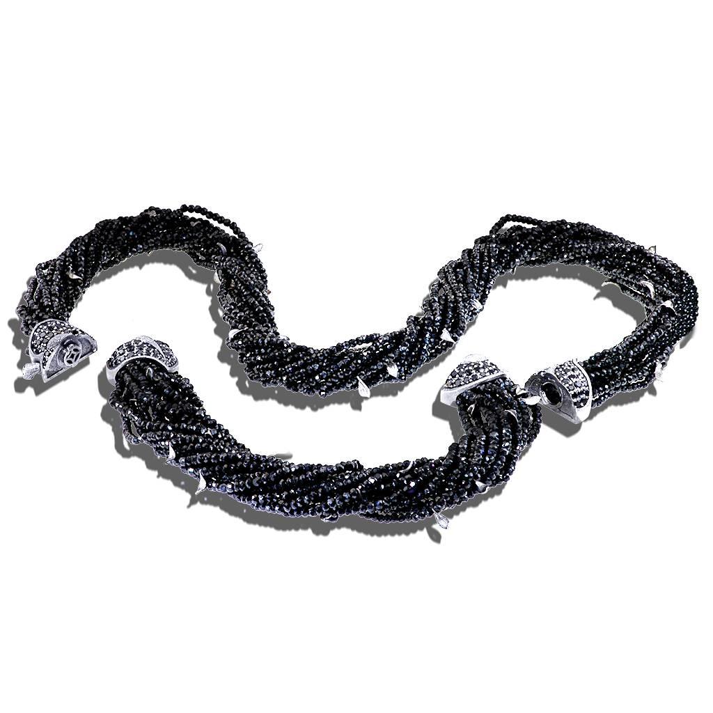 Alex Soldier Black Leaf Necklace is a stunning work of art made in 925 blackened silver with 468 carats of black spinel beads. The necklace is enhanced with 60 leafs, each individually hand textured under microscope with unparalleled character and
