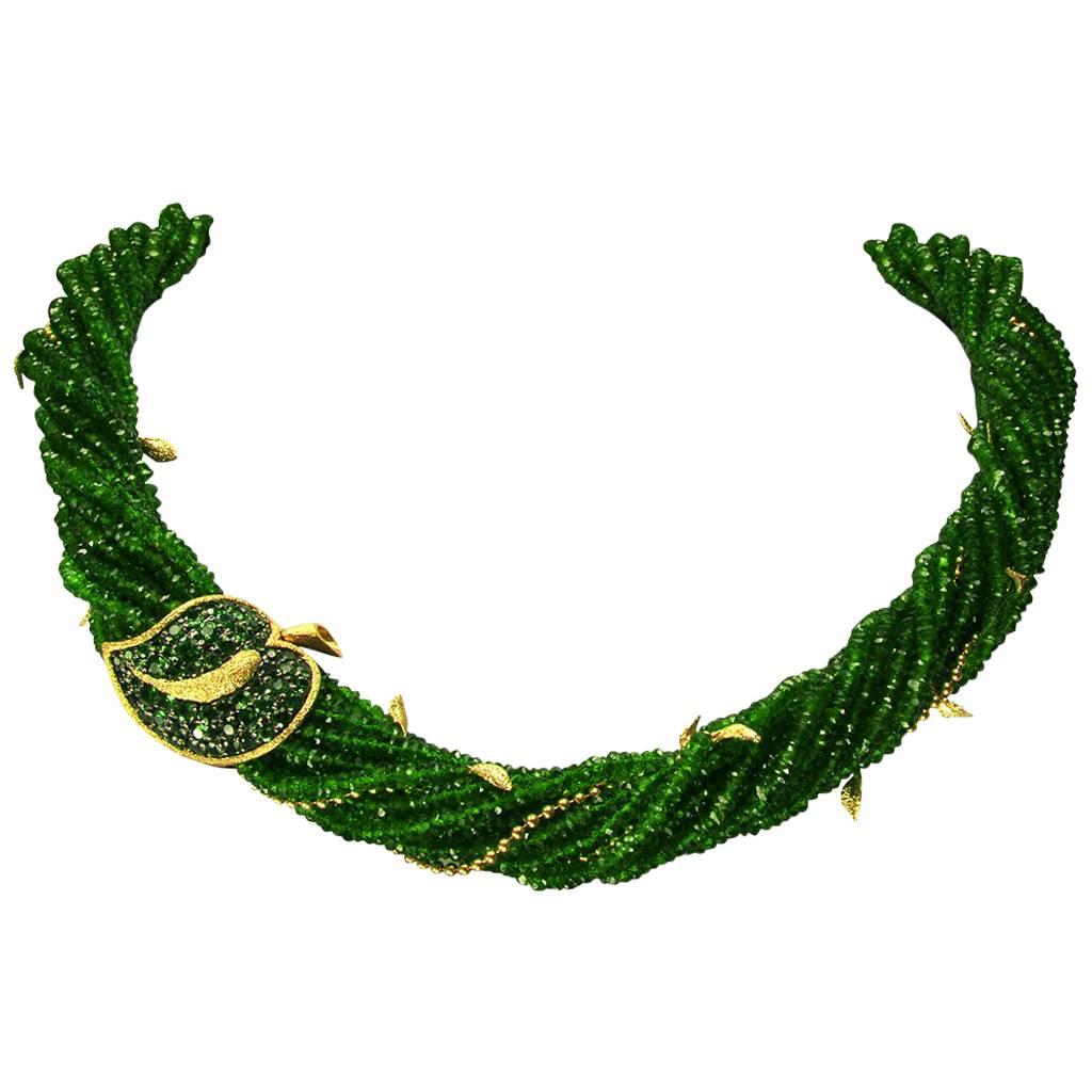 Chrome Diopside Tsavorite Garnet Gold Leaf Necklace One of a Kind For Sale