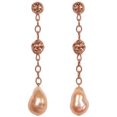Pearl Sterling Silver Rose Gold Textured Drop Dangle Earrings