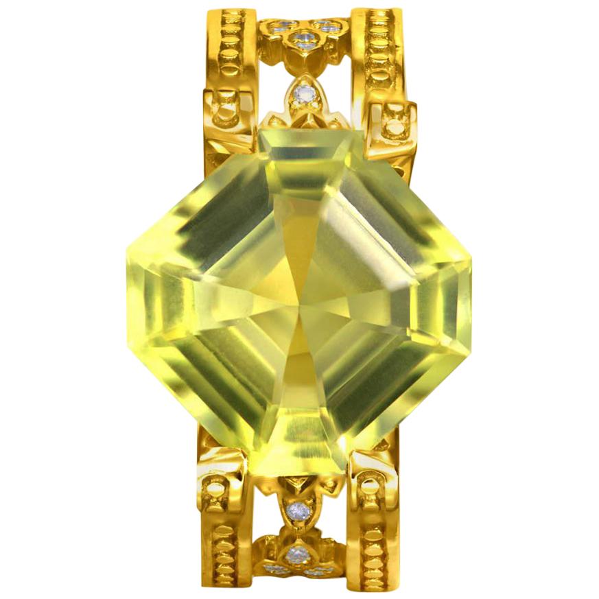 Lemon Citrine Diamond Gold Cocktail Ring One of a Kind