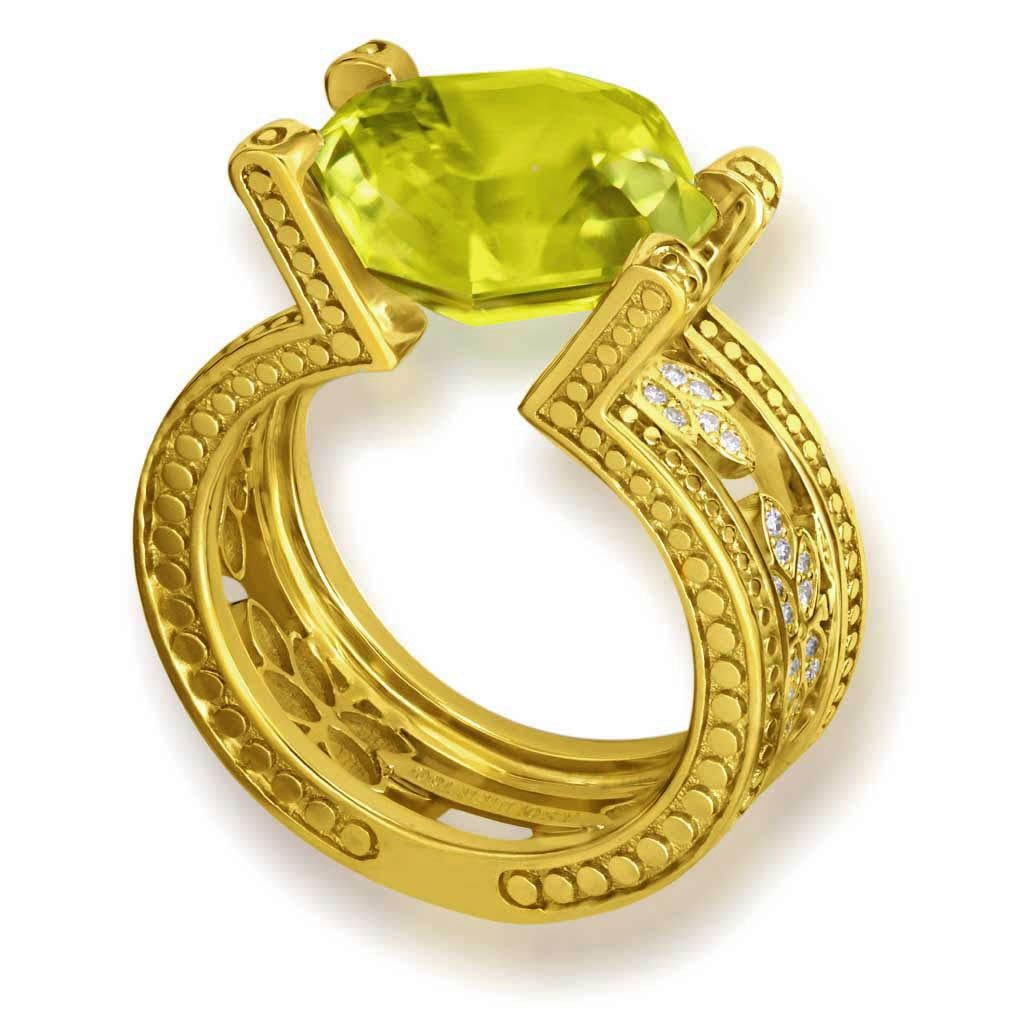 Alex Soldier Lemon Citrine Cocktail ring in 18 karat yellow gold is uniquely set by the tension of two opposing sides, as if the center stone flows in the air. Lemon citrine: 5.45 ct. Diamonds: 0.24 ct. One of a kind. Handmade in NYC. Ring size: 6.