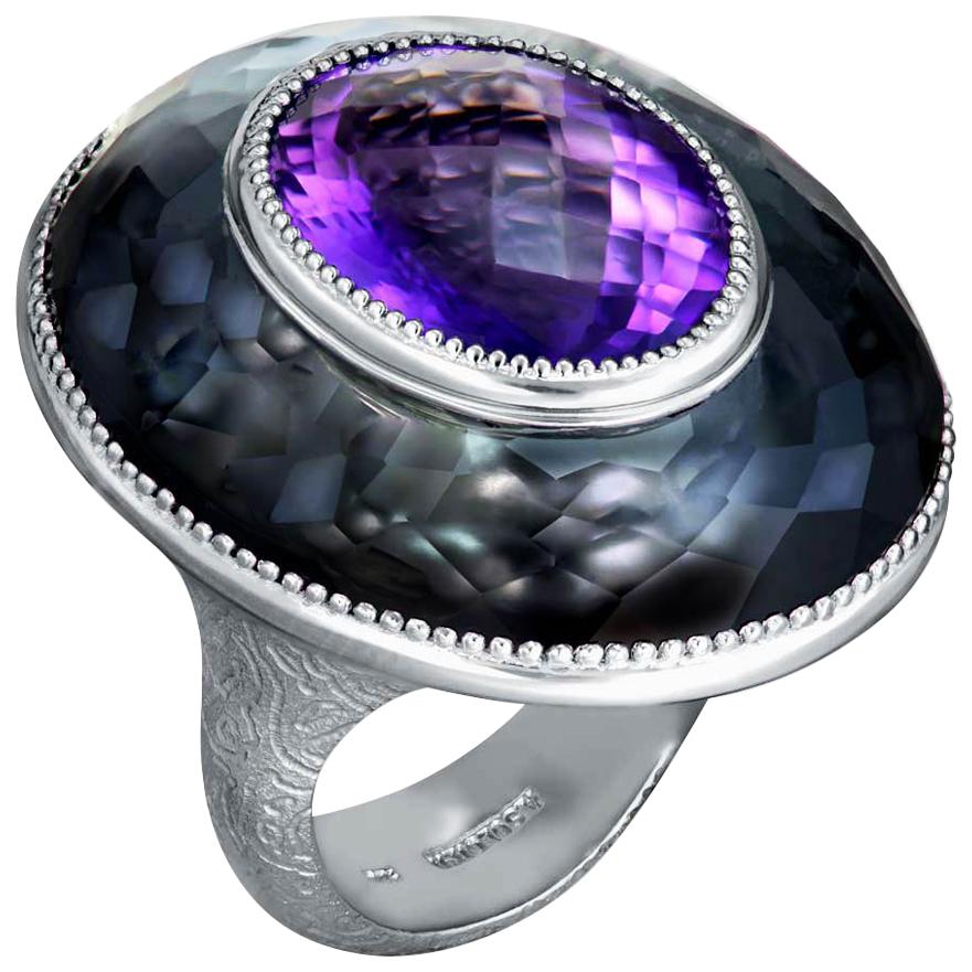 Alex Soldier Cocktail Ring with amethyst & hematite/quartz doublet set in signature textured sterling silver, deeply plated with platinum. Handmade with love in NYC from responsibly sourced materials. One of a kind. Amethyst: 1 stone, total carat