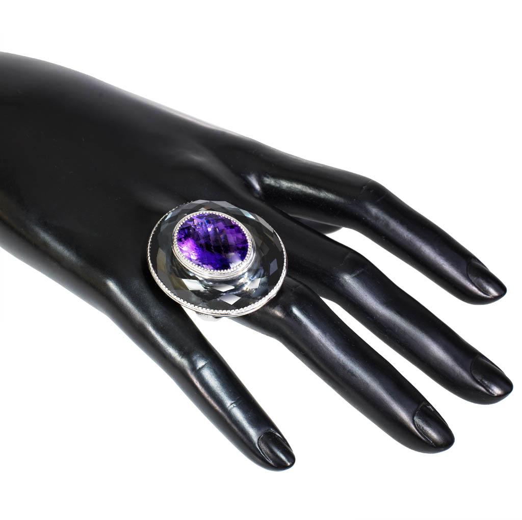 Women's or Men's Amethyst Hematite Quartz Sterling Silver Platinum Ring