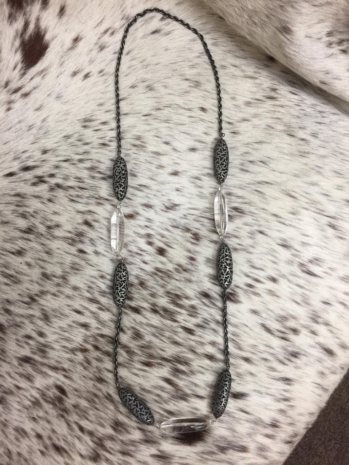 Women's or Men's Quartz Sterling Silver Platinum Textured Station Necklace